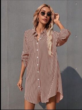 Striped Button-Front Shirt Dress 🤎